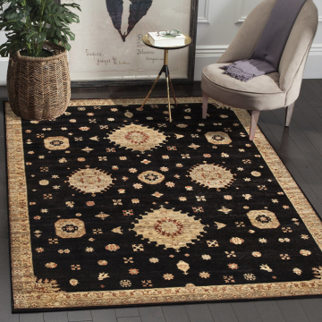 Celestial Medallion Hand-Knotted Area Rug in Black and Beige