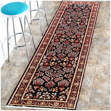 Persian Sarouk Black Red Fine Hand Knotted Floral Wool Area Rug 2'6" x 12' Runner